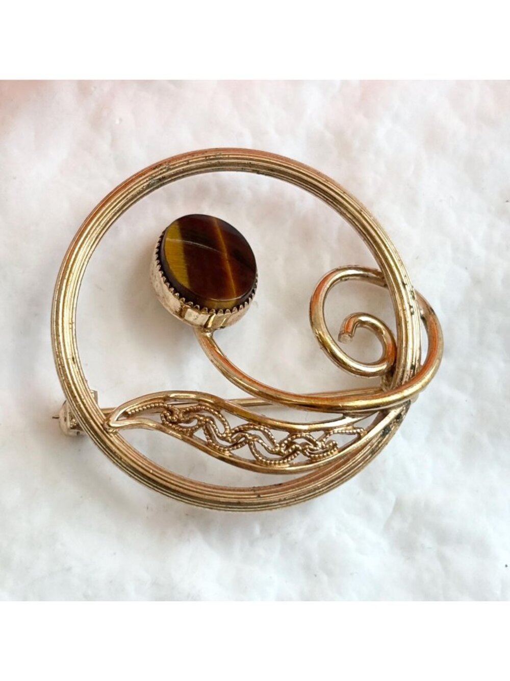 Krementz Gold Overlay Faux Tiger's Eye Vintage Sterling Silver 925 Brooch | Pin